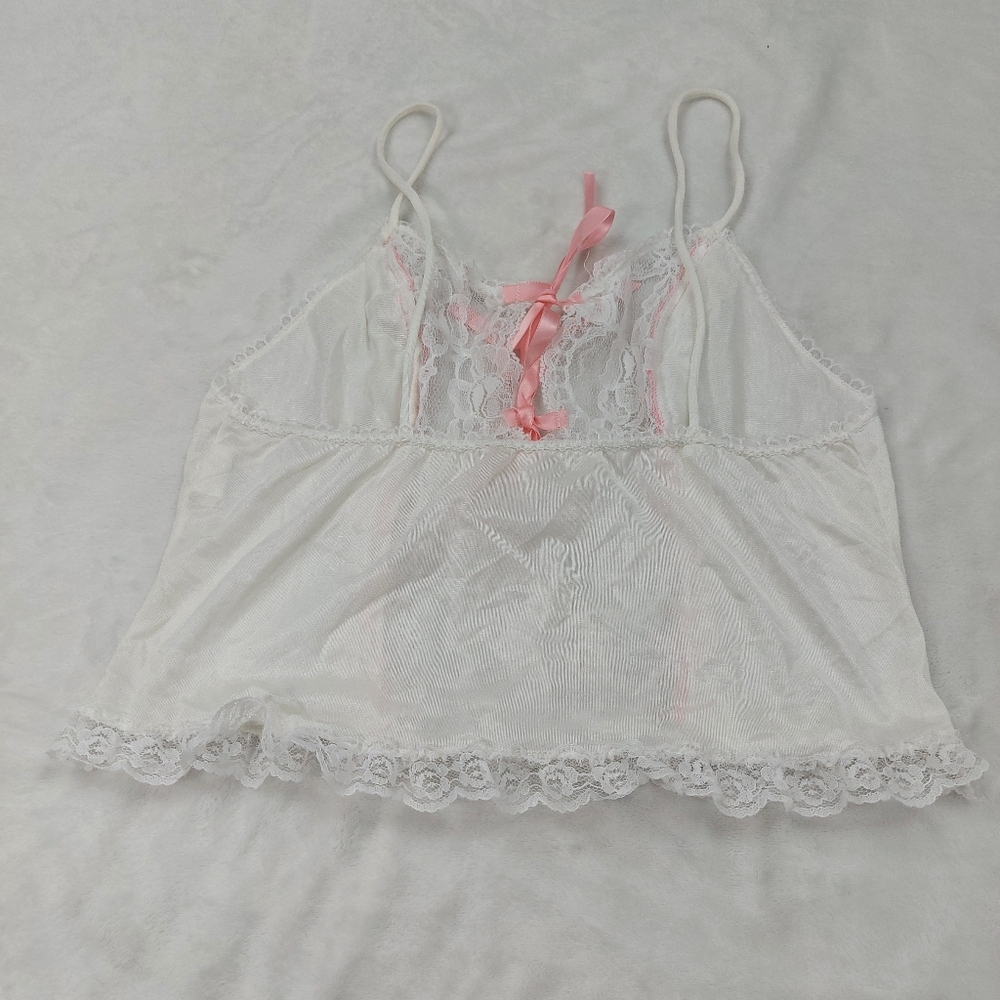 VINTAGE BABYDOLL TOP WOMENS WHITE LACE CROP LACE UP PINK RIBBON CAMISOLE SIZE M - Picture 5 of 6